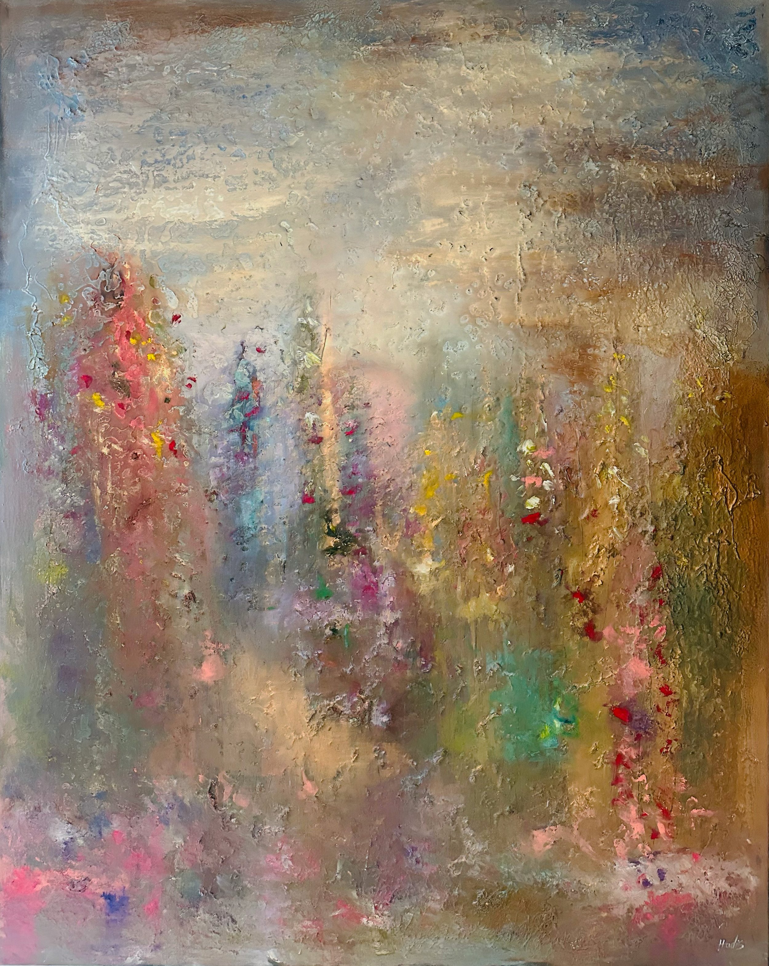 Silence Growth, 2025 — mixed media (oil, resin, glue) by Hadis Bahrami, 50 × 70 in.